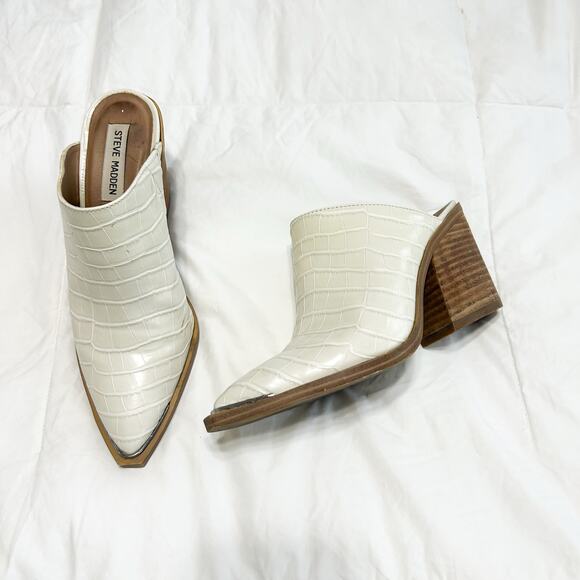 Steve Madden Alanna Mule Heels Croc Embossed Ivory Block Heel Mules 8M EUC - Picture 2 of 9